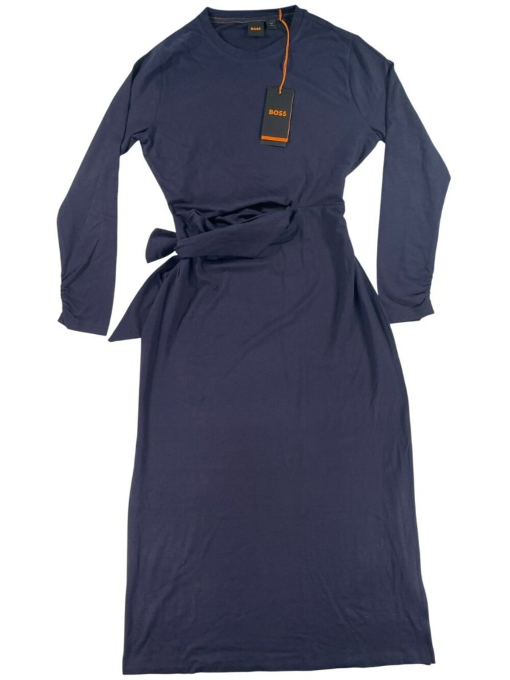 Hugo Boss Ecicla Long-Sleeve Midi Dress Waist Tie Navy Blue Sz S MSRP $400 NEW - Picture 1 of 10